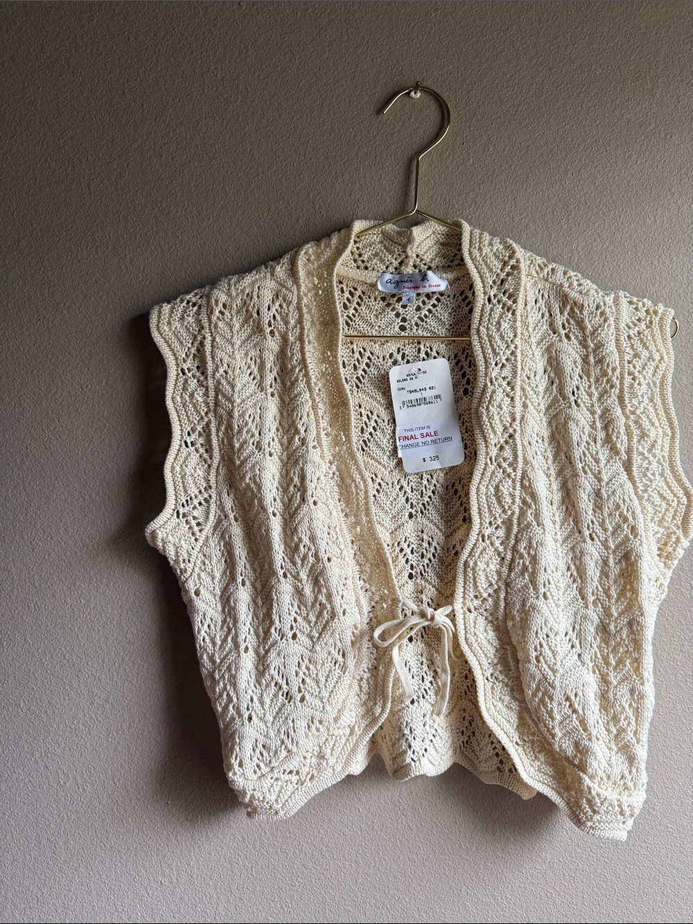 NWT Agnes B crochet Cream Knit Open-Front Sweater Vest made in France